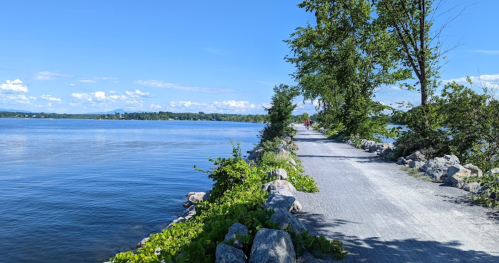 A scenic pathway along a calm lake, lined with rocks and greenery, under a clear blue sky with fluffy clouds.