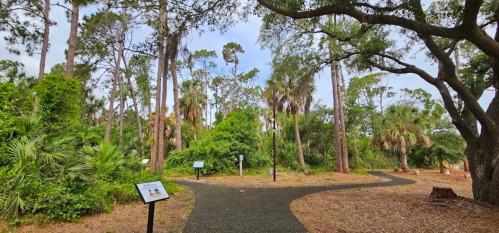 A winding path through a lush, green park with tall trees and informational signs along the way.
