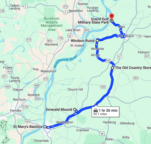 Map showing a route from St. Mary's Basilica to Grand Gulf Military State Park, highlighting key locations along the way.