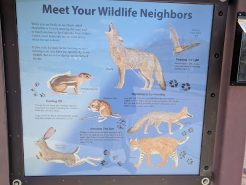 Illustrated sign featuring local wildlife: coyote, rabbit, squirrel, fox, and owl, with descriptions and paw prints.