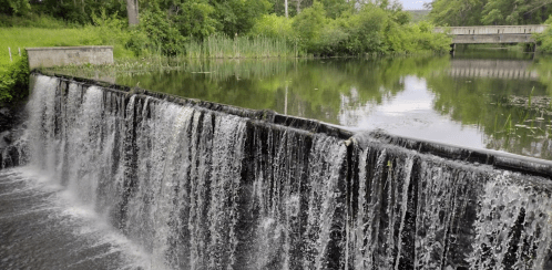A serene scene of a waterfall cascading over a dam into a calm river, surrounded by lush greenery and trees.