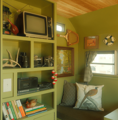 Cozy interior with green walls, shelves of books, vintage decor, and a window seat featuring a bird-patterned pillow.
