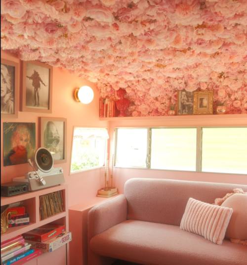 Cozy room with a pink floral ceiling, soft pink couch, and framed photos on the walls, creating a whimsical atmosphere.