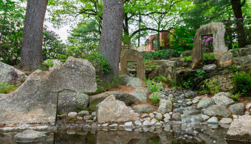 A serene garden scene featuring large stones, a small stream, and lush greenery with trees and flowering plants.