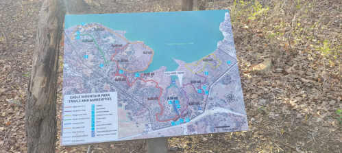 Map of Eagle Mountain Park showing trails, amenities, and location marker "YOU ARE HERE" near Eagle Mountain Lake.