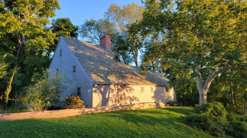 A charming, sloped-roof house surrounded by lush greenery and trees, bathed in warm evening light.