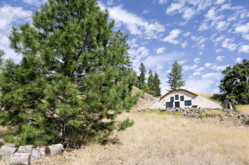 A rustic stone building nestled in a grassy area, surrounded by pine trees under a blue sky with scattered clouds.