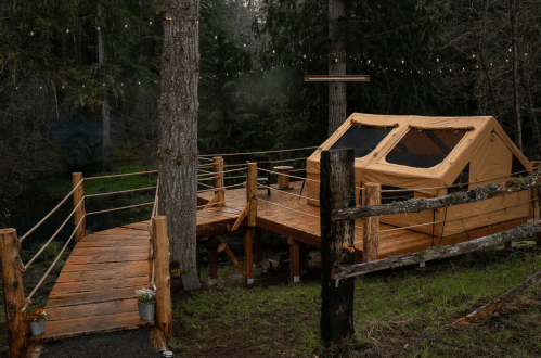 A cozy tent on a wooden deck surrounded by trees, with a bridge leading to it and string lights overhead.