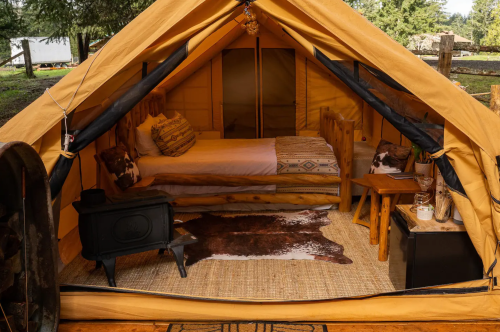 Cozy glamping tent interior with a bed, wooden furniture, and a decorative rug, set in a natural outdoor environment.