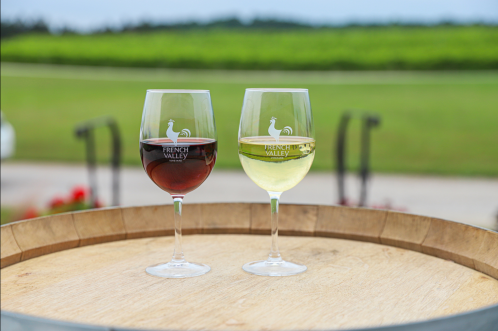 Two wine glasses, one red and one white, sit on a wooden barrel with a vineyard in the background.