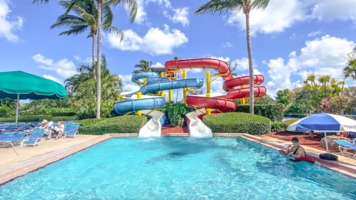Colorful water slides beside a pool, with palm trees and lounge chairs under a bright blue sky.