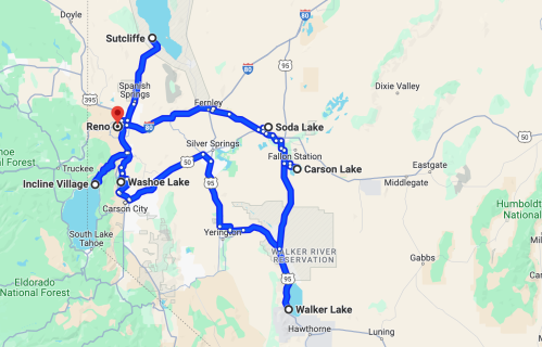Map showing routes around Reno, Nevada, including lakes like Washoe, Carson, and Walker Lakes.