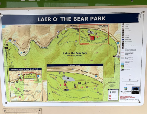 Map of Lair o' the Bear Park, showing trails, park features, and regional details of Bear Creek Trail.
