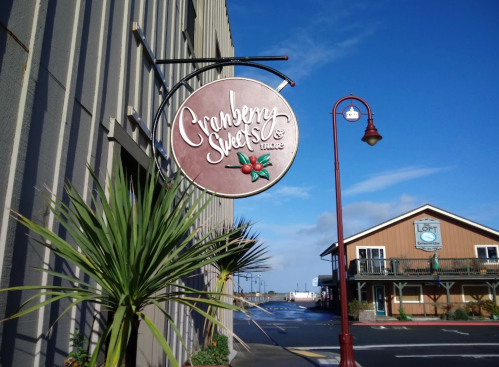 Sign for "Cranberry Sweets" with palm plant in foreground, blue sky, and buildings in the background.