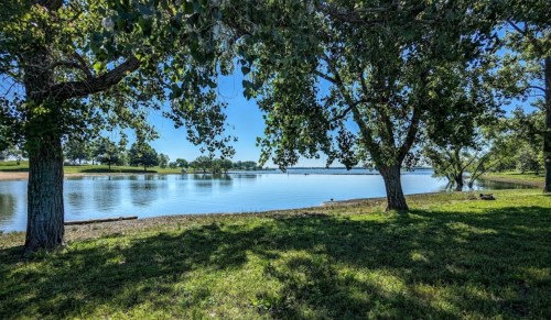 A serene lakeside view framed by trees, with clear blue skies and calm water reflecting the landscape.