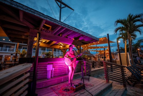 A musician performs with a guitar on a beachside stage, illuminated by purple lights, as evening sets in.