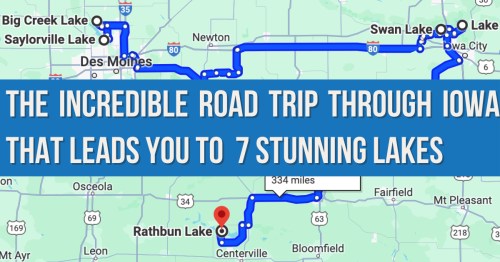 Map highlighting a road trip route through Iowa, featuring seven stunning lakes, including Big Creek and Rathbun Lake.