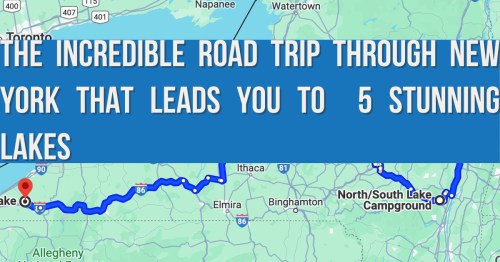 Map highlighting a road trip route in New York, leading to five stunning lakes and North/South Lake Campground.