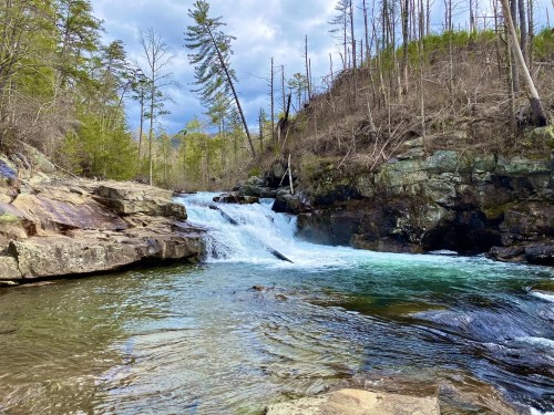 A serene river flows over rocks, creating a small waterfall, surrounded by trees and a cloudy sky.