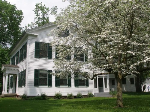 A white two-story house with green shutters, surrounded by lush grass and a flowering tree in bloom.