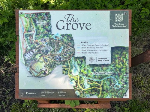 Map of The Grove, showing trails and areas including Main Program Area, Basic 80 Acres, and North 40 Acres.