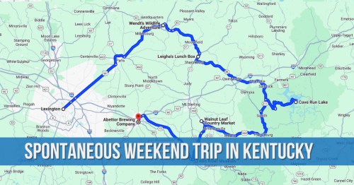 Map showing a route for a spontaneous weekend trip in Kentucky, highlighting various stops and attractions.