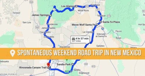 Map of a spontaneous weekend road trip in New Mexico, highlighting key locations and route details.