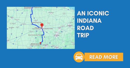 Map highlighting an iconic road trip route through Indiana, with a blue path and key locations marked.