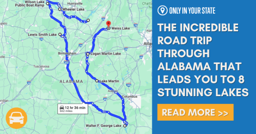 Map highlighting a road trip route through Alabama, featuring eight stunning lakes and travel details.
