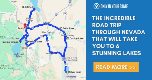 Map highlighting a road trip route in Nevada, featuring six stunning lakes and key locations like Reno and Washoe Lake.
