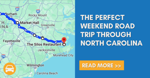 Map highlighting a road trip route through North Carolina, featuring The Silos Restaurant. Text promotes a weekend getaway.
