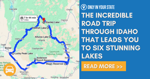 Map highlighting a road trip route in Idaho, featuring six lakes, with text promoting the journey.