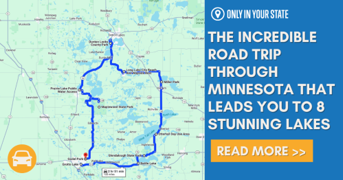 Map highlighting a road trip route in Minnesota, showcasing eight stunning lakes and nearby parks.