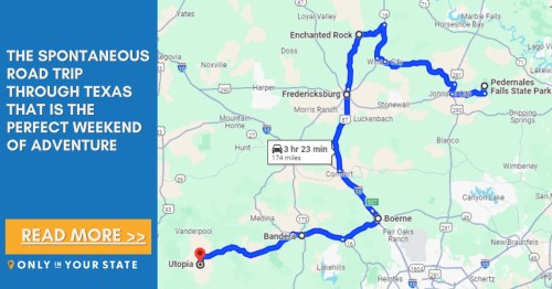 Map showing a road trip route through Texas, highlighting stops like Enchanted Rock and Pedernales Falls State Park.