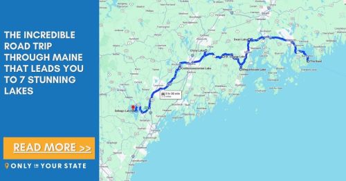 Map of a road trip route in Maine, highlighting a journey to seven stunning lakes.
