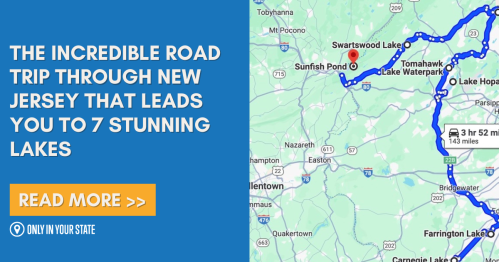 Map highlighting a road trip route in New Jersey, showcasing seven stunning lakes with a call to action to read more.