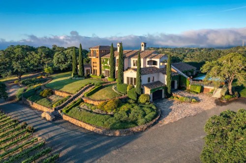 Aerial view of a luxurious villa surrounded by lush greenery and vineyards under a clear blue sky.