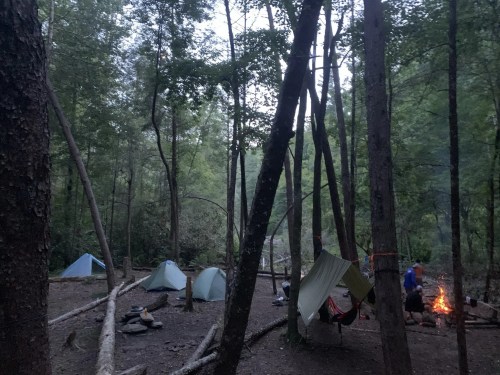 A serene campsite in a forest with tents, a campfire, and trees surrounding a peaceful setting at dusk.