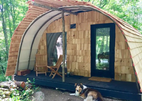 A unique wooden cabin with a curved roof, featuring a porch and a dog resting in front, surrounded by trees.