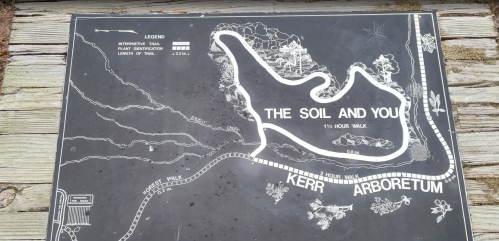 Map of Kerr Arboretum showing trails and the "Soil and You" walk, with a legend for trail lengths and features.