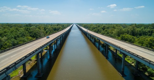 A drone view of the Atchafalaya Basin Bridge in Louisiana
