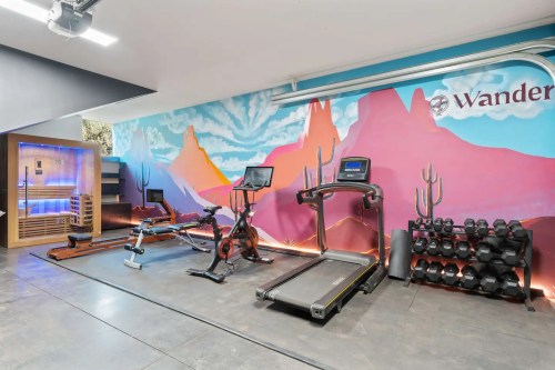 A modern home gym featuring exercise equipment, a sauna, and a colorful mountain mural on the wall.