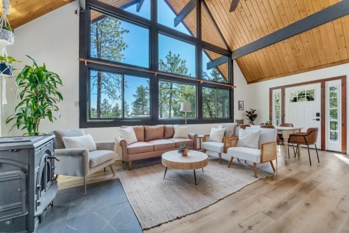 Bright, modern living room with large windows, wooden ceiling, and cozy furniture, surrounded by trees.