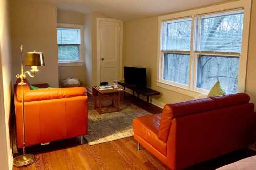 Cozy living room with orange sofas, a coffee table, and a TV, featuring large windows and warm wooden floors.