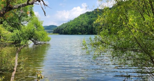 A serene lake surrounded by lush greenery and hills under a partly cloudy sky.
