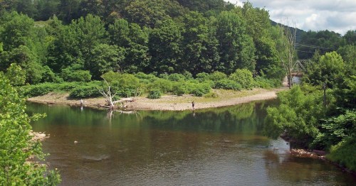 A serene river scene surrounded by lush greenery, with a person fishing on the bank under a partly cloudy sky.