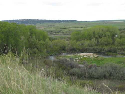 A winding river flows through lush green fields and trees under a cloudy sky, surrounded by rolling hills.