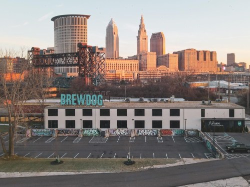 A BrewDog location with graffiti on the walls, set against a city skyline at sunset.