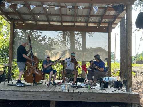 A four-member band performs on a wooden stage, playing a bass, violin, guitar, and mandolin under string lights.
