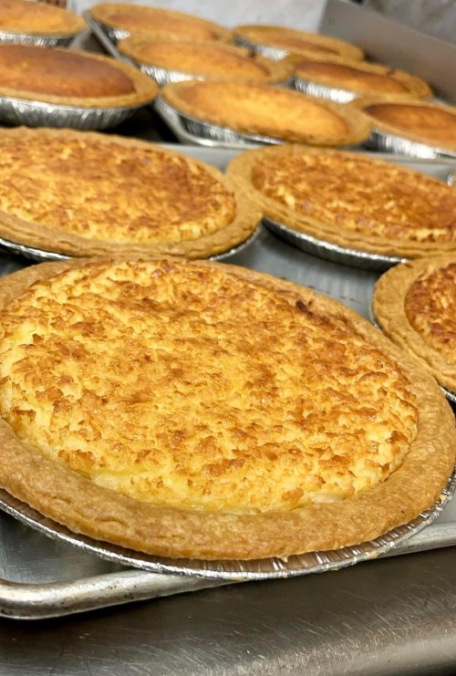Freshly baked coconut pies with golden-brown crusts, arranged on a baking tray.